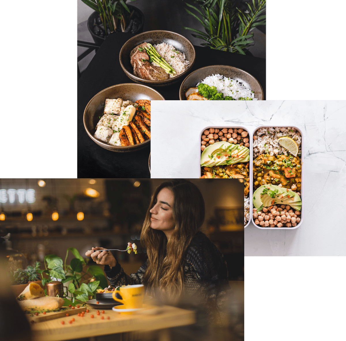 Women enjoying food, meals in the storage container, and food bowls on a table